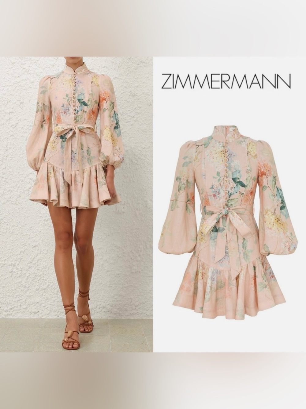 NWOT $950 Zimmermann Illuminate Peplum Mini Linen Dress Peach Hydrangea Size 0